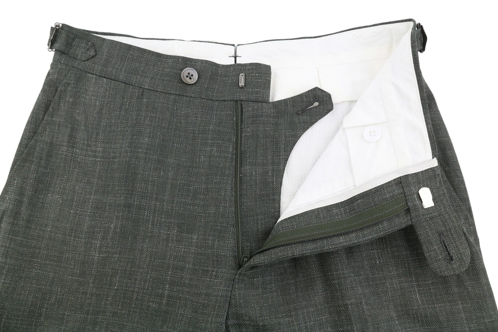 SUITSUPPLY Brescia vyriškos kelnės, UK32R, žalios, vilnonės, šilko, lininės, siaurėjančios, su užtrauktuku. 