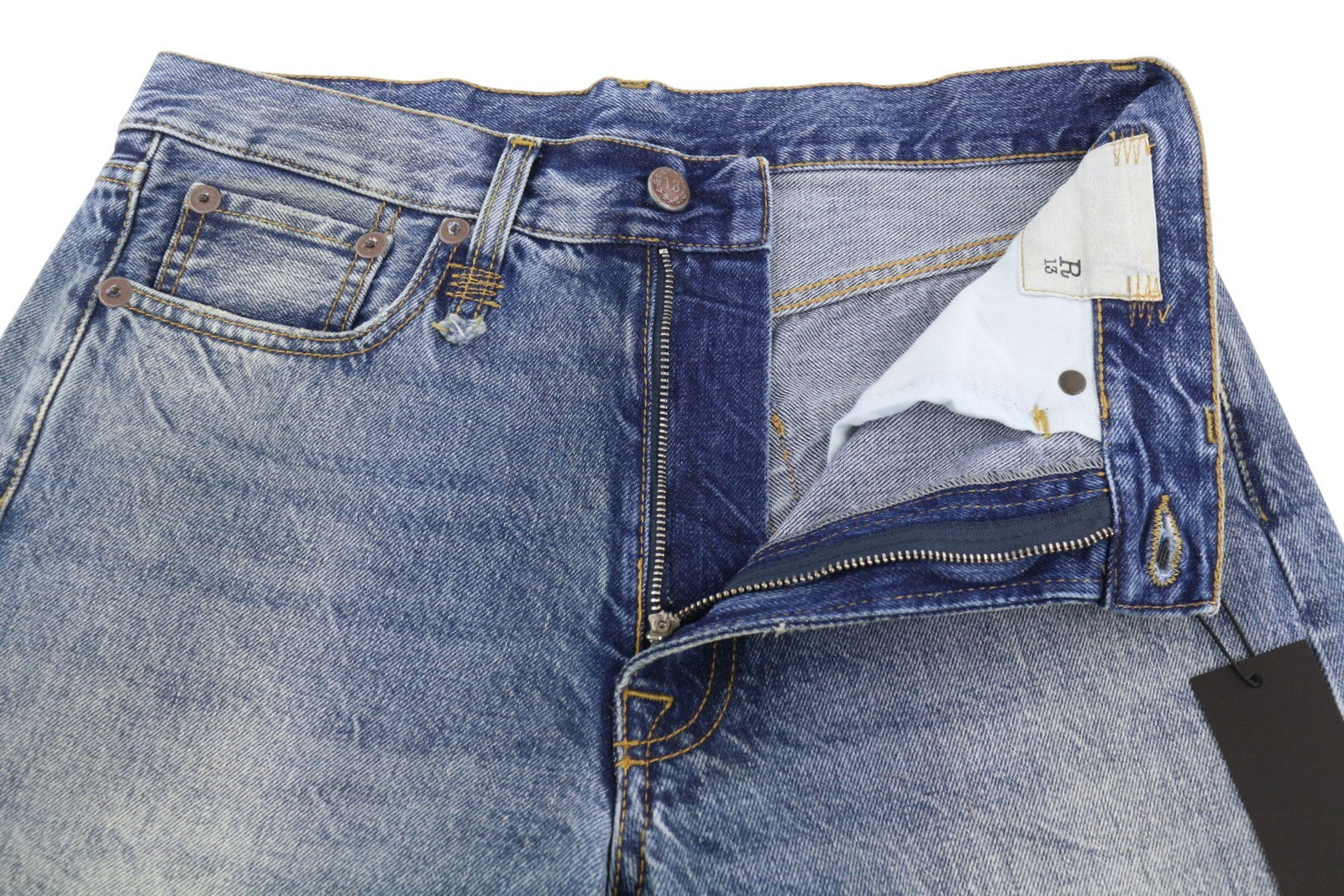 R13 Boyfriend moteriški džinsai 26 Jasper Straight Fit ūsai iki kulkšnies mėlyni PF25 