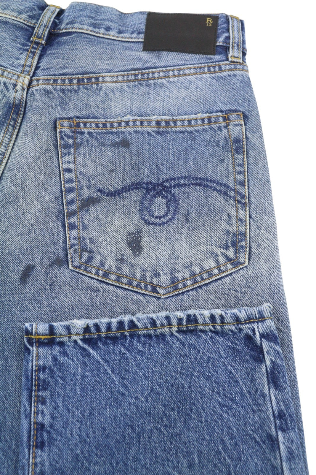 R13 Boyfriend moteriški džinsai 26 Jasper Straight Fit ūsai iki kulkšnies mėlyni PF25 