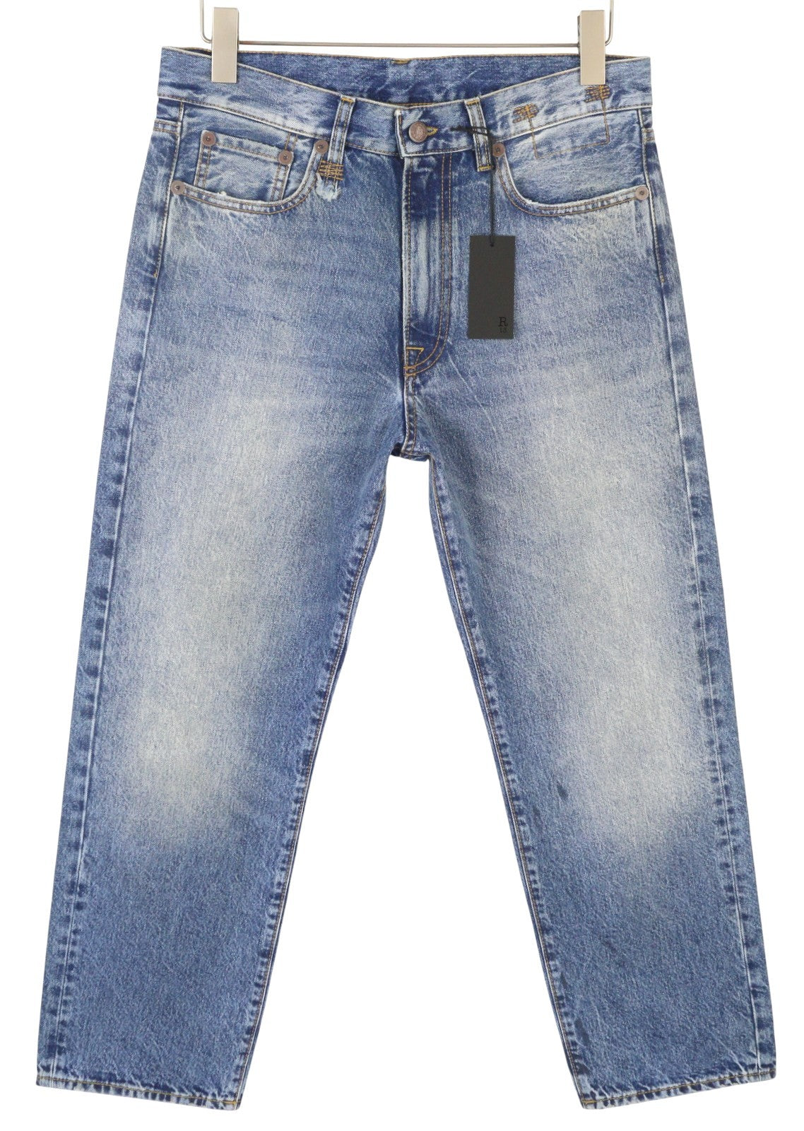 R13 Boyfriend moteriški džinsai 27 Jasper Straight Fit ūsai iki kulkšnies mėlyni PF25 