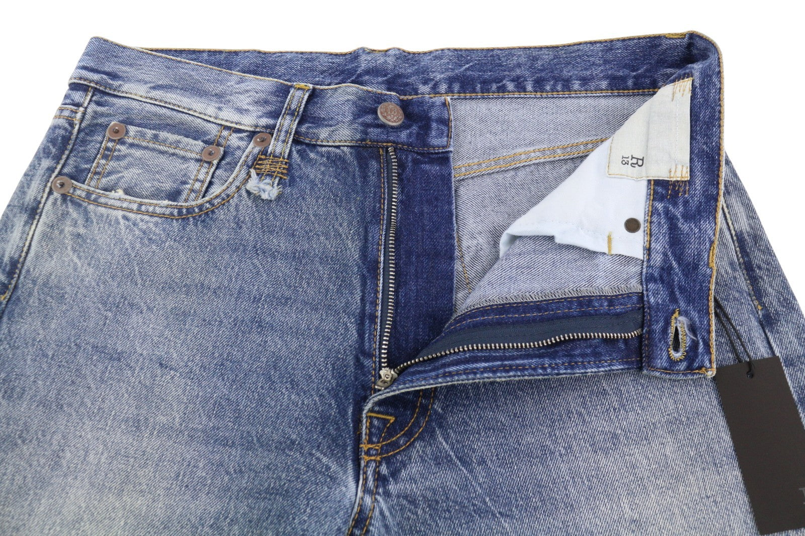 R13 Boyfriend moteriški džinsai 27 Jasper Straight Fit ūsai iki kulkšnies mėlyni PF25 