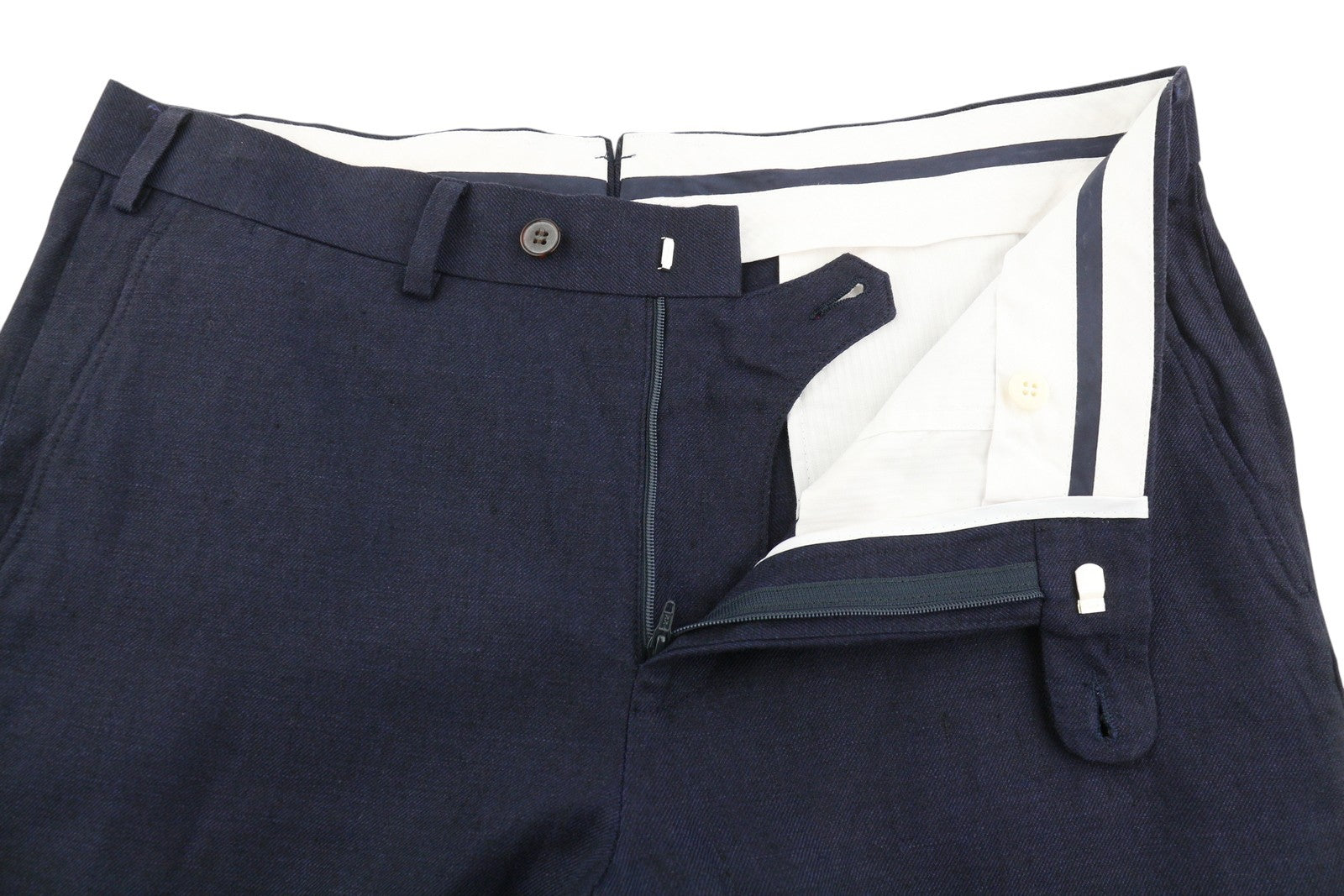 SUITSUPPLY Brescia vyriškos kelnės ~W33 tamsiai mėlynos lininės su atlenkimu, siaurėjančiu kirpimu, plokščiapadžiai 