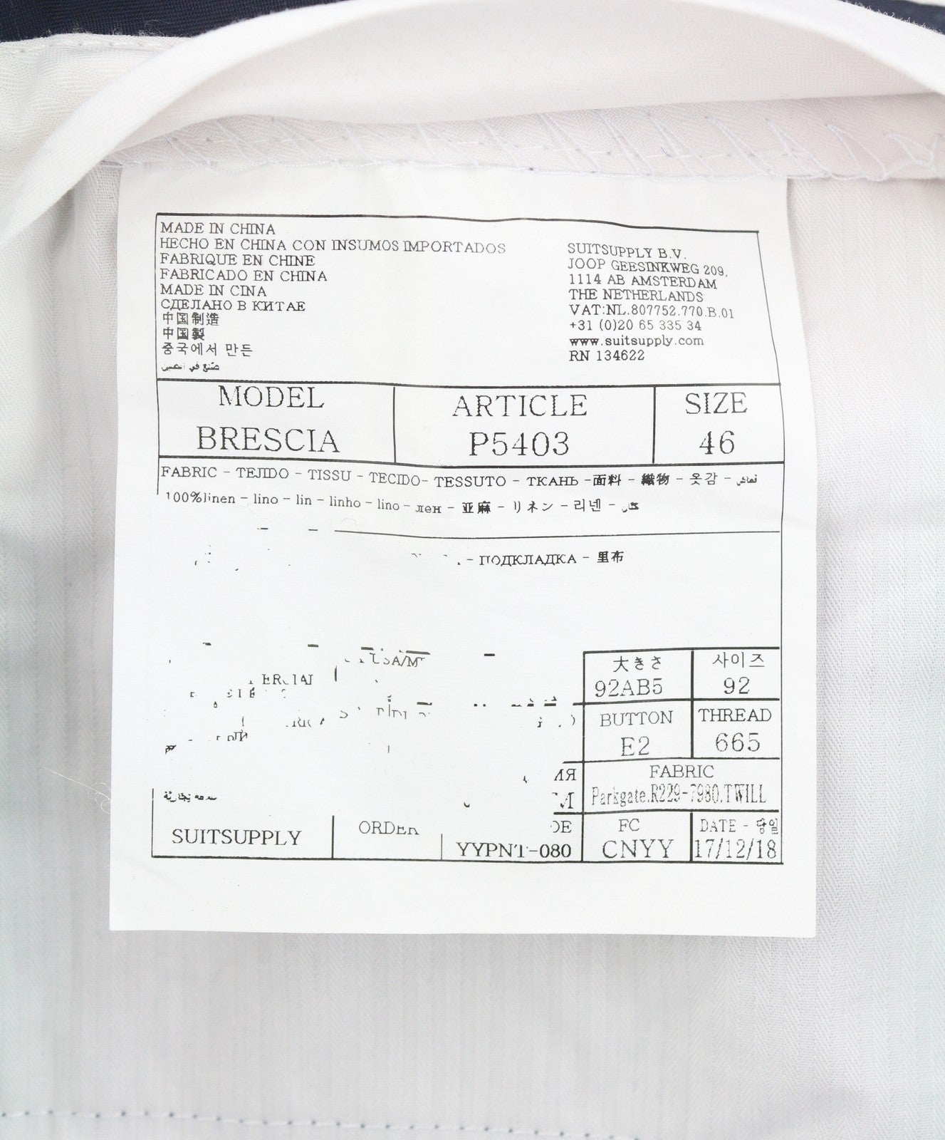 SUITSUPPLY Brescia vyriškos kelnės ~W33 tamsiai mėlynos lininės su atlenkimu, siaurėjančiu kirpimu, plokščiapadžiai 