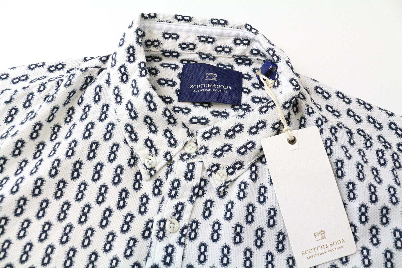 SCOTCH &amp; SODA vyriški marškinėliai M dydžio, balti, abstraktaus rašto, grynos medvilnės, su sagomis