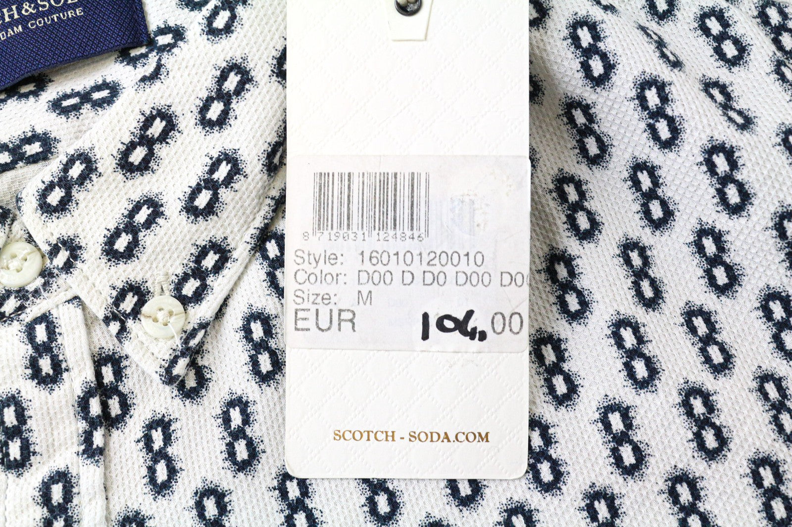 SCOTCH &amp; SODA vyriški marškinėliai M dydžio, balti, abstraktaus rašto, grynos medvilnės, su sagomis