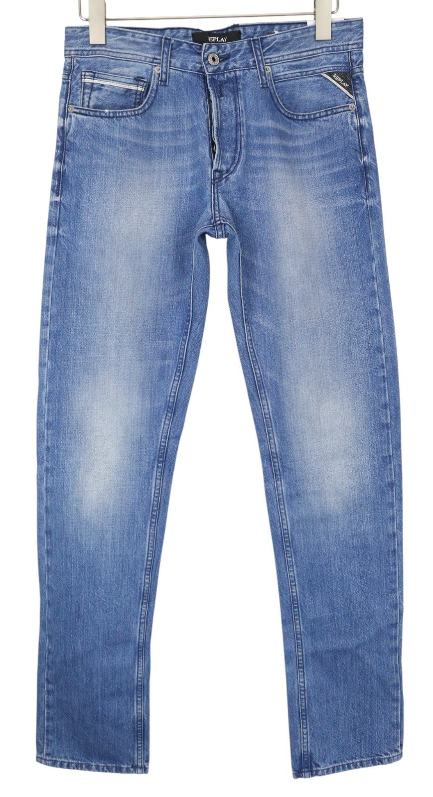 REPLAY Grover vyriški džinsai W30/L34 šviesiai mėlyni, tiesūs, netempiami, su sagomis 