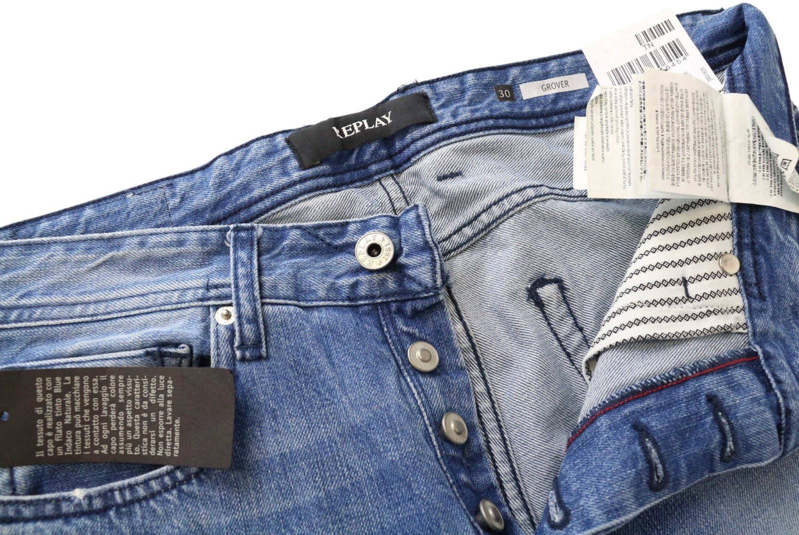 REPLAY Grover vyriški džinsai W30/L34 šviesiai mėlyni, tiesūs, netempiami, su sagomis 