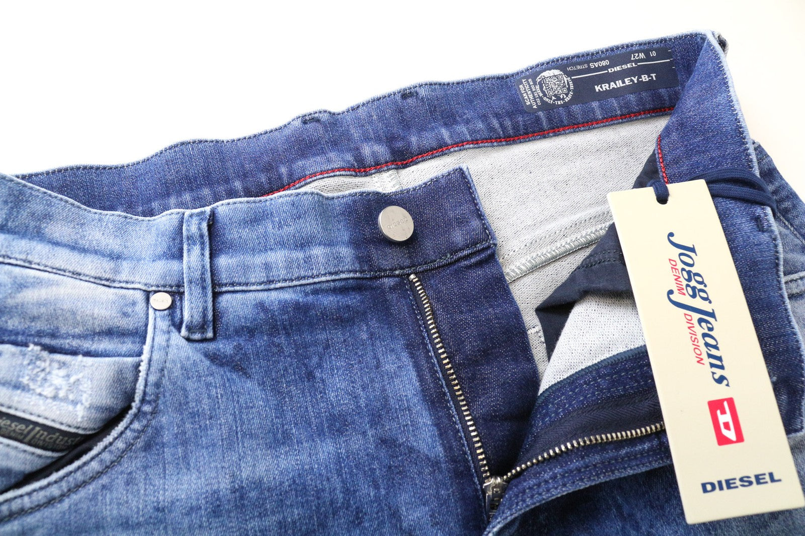 DIESEL Krailey-BT 080AS moteriški džinsai W27 mėlyni Jogg sportiniai tamprūs džinsai su dirbtiniu gobtuvu 
