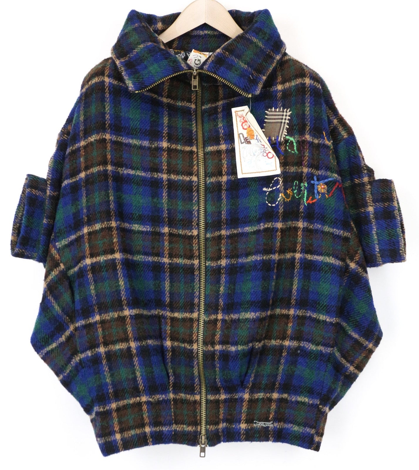 DESIGUAL moteriškas paltas 40 mėlynas languotas tartano vilnos mišinio kimono su atpalaiduojančia kaklu 