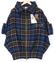 DESIGUAL moteriškas paltas 40 mėlynas languotas tartano vilnos mišinio kimono su atpalaiduojančia kaklu 