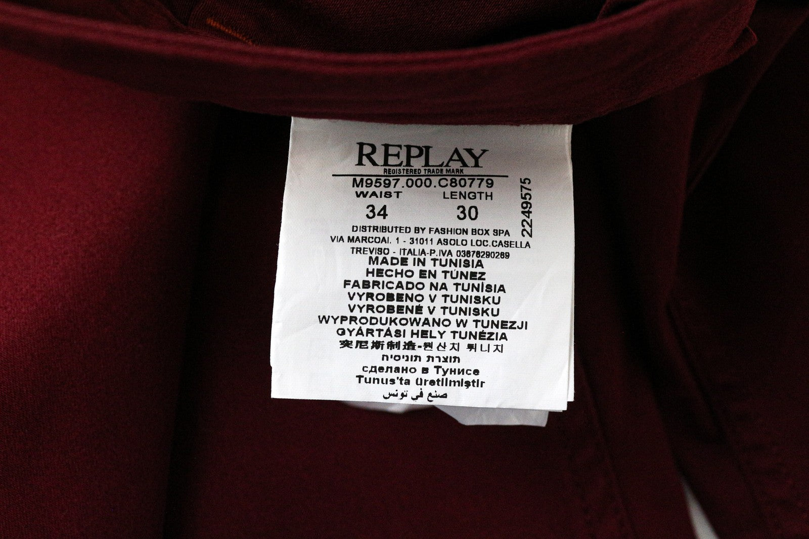 REPLAY Tom vyriškos kelnės W34/L30 raudonos tamprios chino kelnės su tiesia klešne, klasikinio stiliaus užtrauktuku 