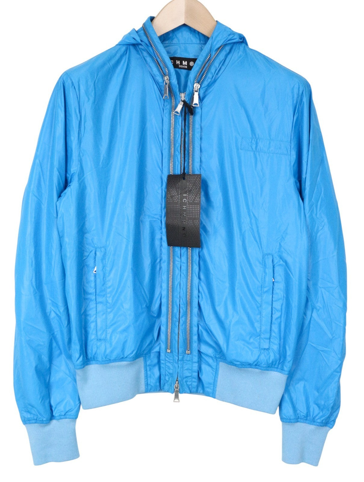 RICHMOND vyriška striukė IT48 šviesiai mėlyna su gobtuvu ir vėjui nepralaidi striukė su dvigubu užtrauktuku, dizainerio 