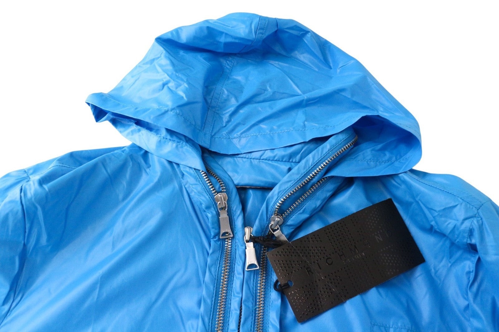 RICHMOND vyriška striukė IT48 šviesiai mėlyna su gobtuvu ir vėjui nepralaidi striukė su dvigubu užtrauktuku, dizainerio 