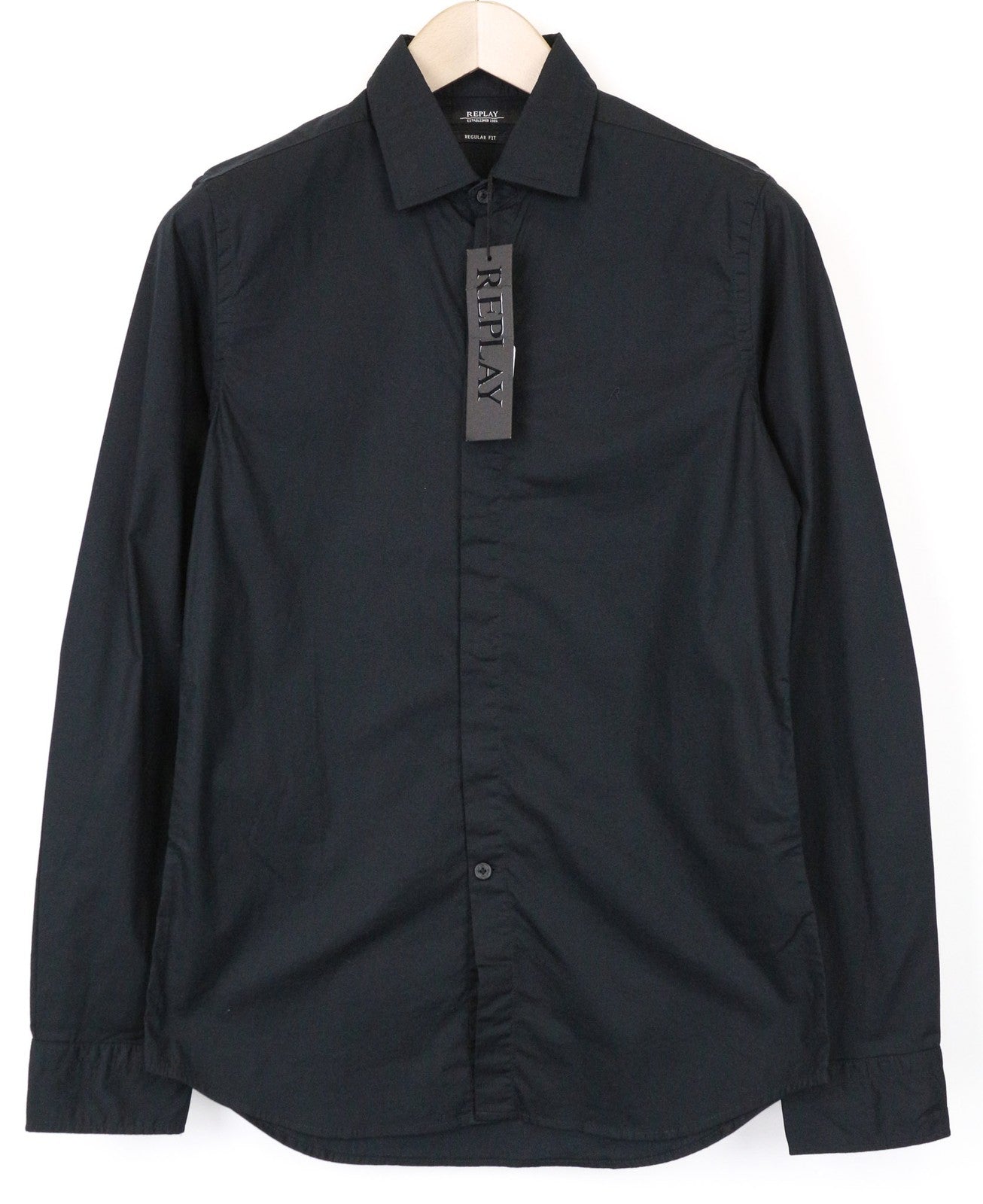 REPLAY vyriški marškinėliai S, juodi, vienspalviai, tamprūs medvilnės mišinio marškinėliai su sagomis užsegama platėjančia apykakle 