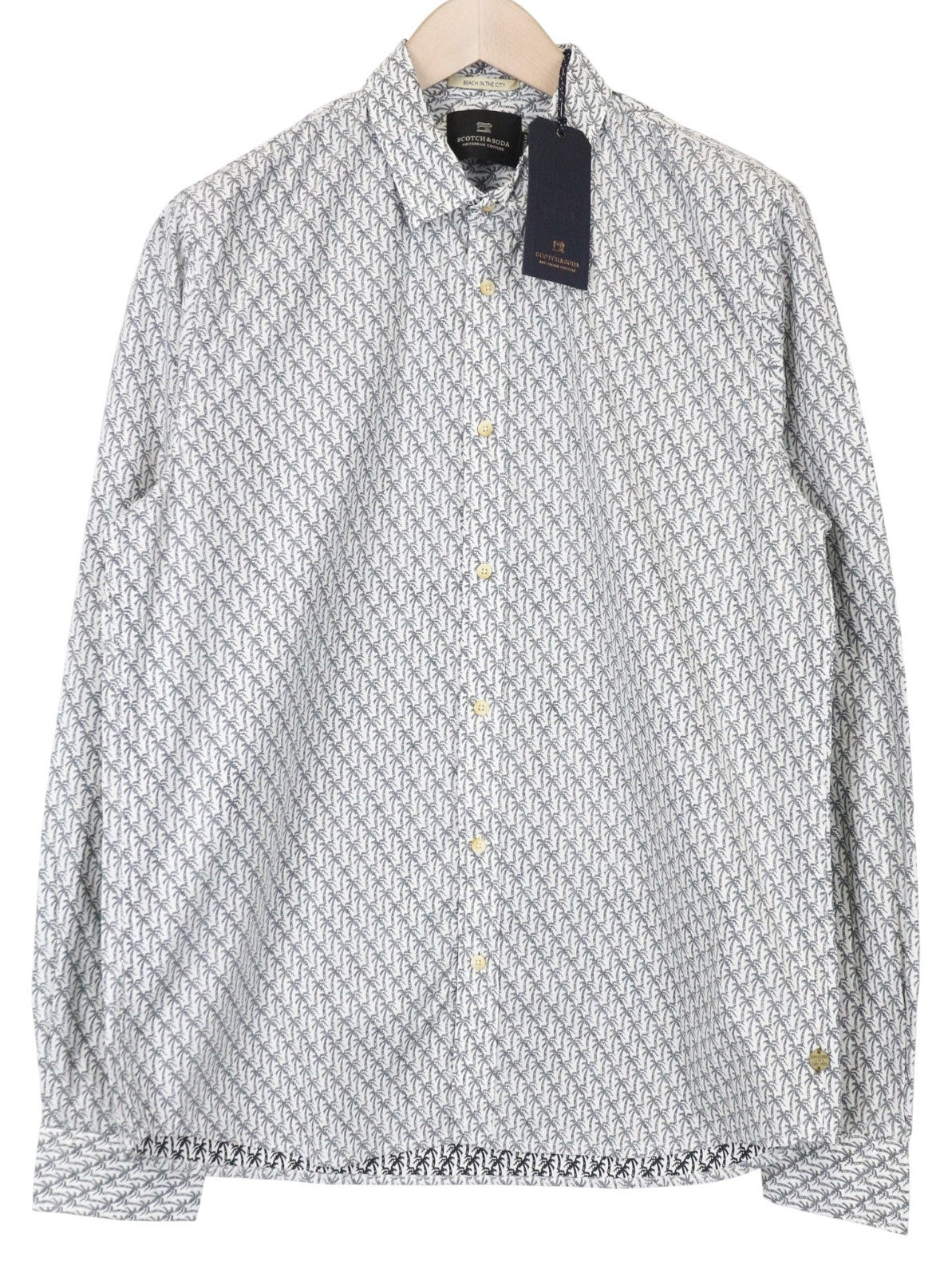 SCOTCH &amp; SODA vyriški marškinėliai L dydžio, šviesiai pilki, palmių rašto, grynos medvilnės, laisvalaikio stiliaus