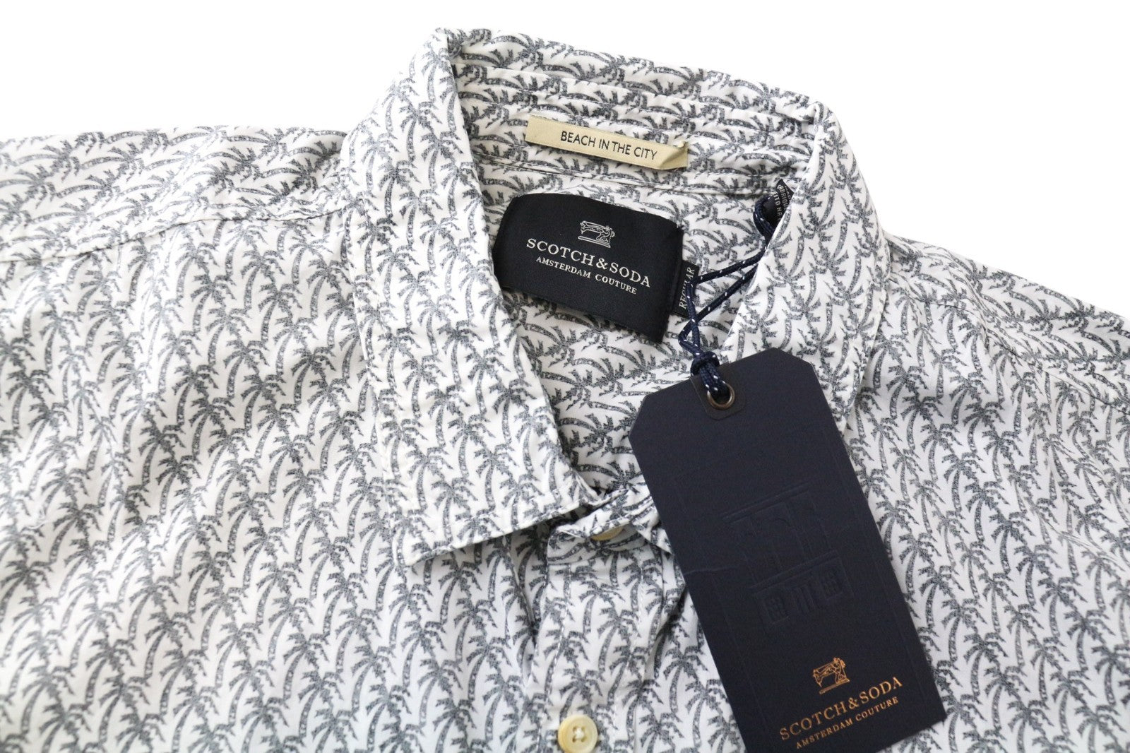 SCOTCH &amp; SODA vyriški marškinėliai L dydžio, šviesiai pilki, palmių rašto, grynos medvilnės, laisvalaikio stiliaus