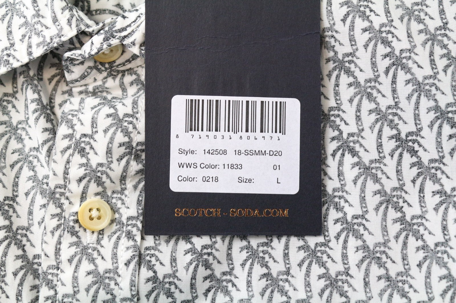 SCOTCH &amp; SODA vyriški marškinėliai L dydžio, šviesiai pilki, palmių rašto, grynos medvilnės, laisvalaikio stiliaus