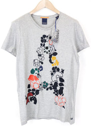 SCOTCH &amp; SODA moteriški marškinėliai M pilki siuvinėti medvilninio džersio megztiniai su apvalia juostele