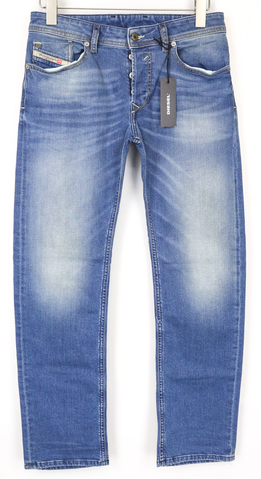 DIESEL Men Jeans W28 Straight Fit Washed Blue 5-Pocket Button Casual