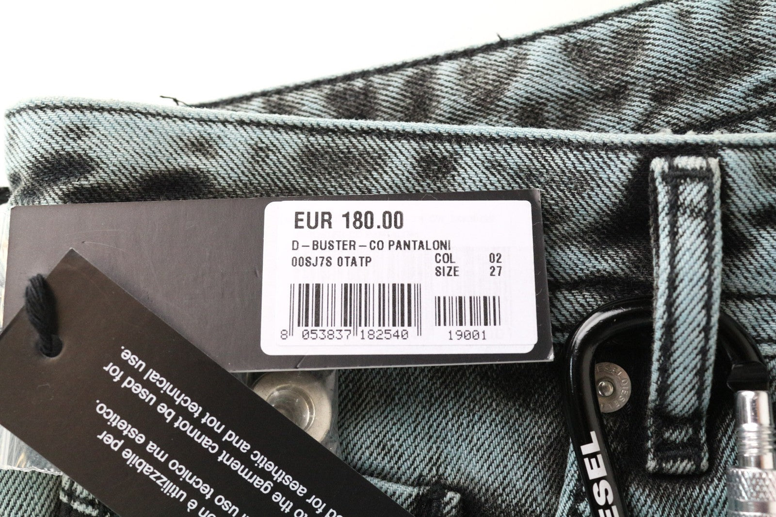 DIESEL D-Buster-CO 0TATP vyriški džinsai W27 Slim Fit, grynos medvilnės, mėlynai pilkai skalbti 