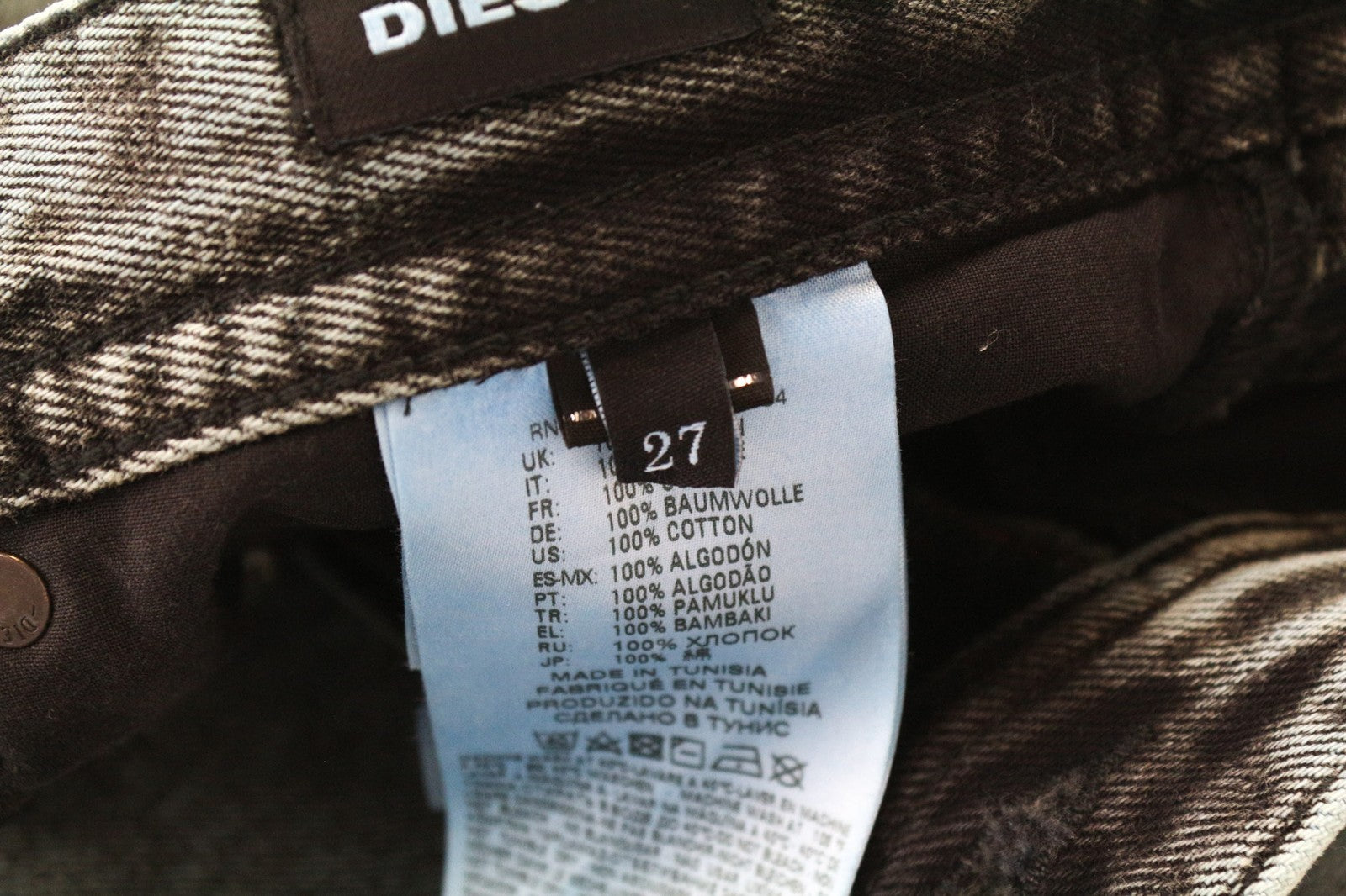 DIESEL D-Buster-CO 0TATP vyriški džinsai W27 Slim Fit, grynos medvilnės, mėlynai pilkai skalbti 