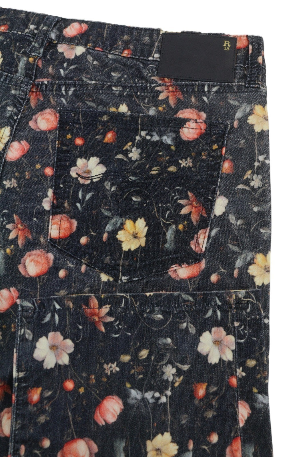 R13 berniukiški tiesūs moteriški džinsai 28 mėnulio žiedlapių aksominiai gėlių rašto trumpi FW25 