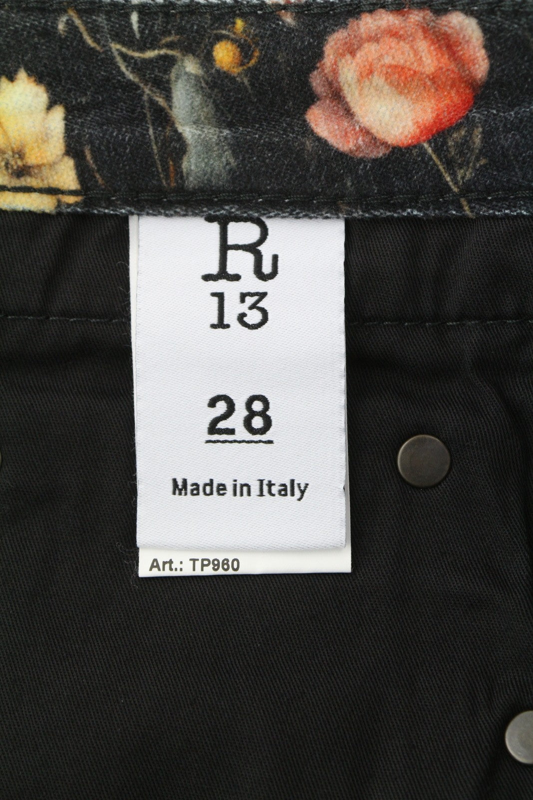 R13 berniukiški tiesūs moteriški džinsai 28 mėnulio žiedlapių aksominiai gėlių rašto trumpi FW25 