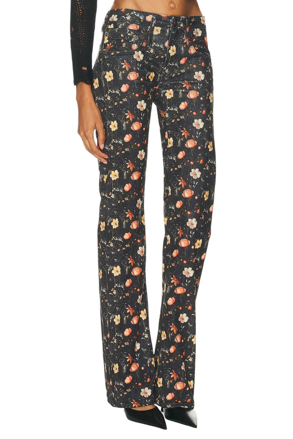 R13 berniukiški platėjantys moteriški džinsai 31 mėnulio žiedlapių aksominis gėlių raštas FW25 RRP799 