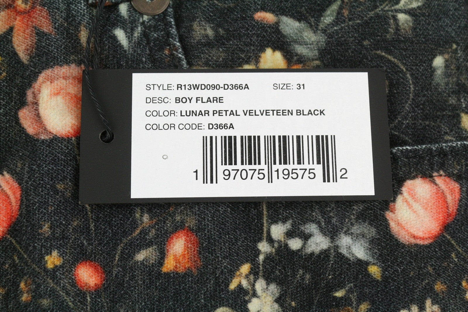 R13 berniukiški platėjantys moteriški džinsai 31 mėnulio žiedlapių aksominis gėlių raštas FW25 RRP799 