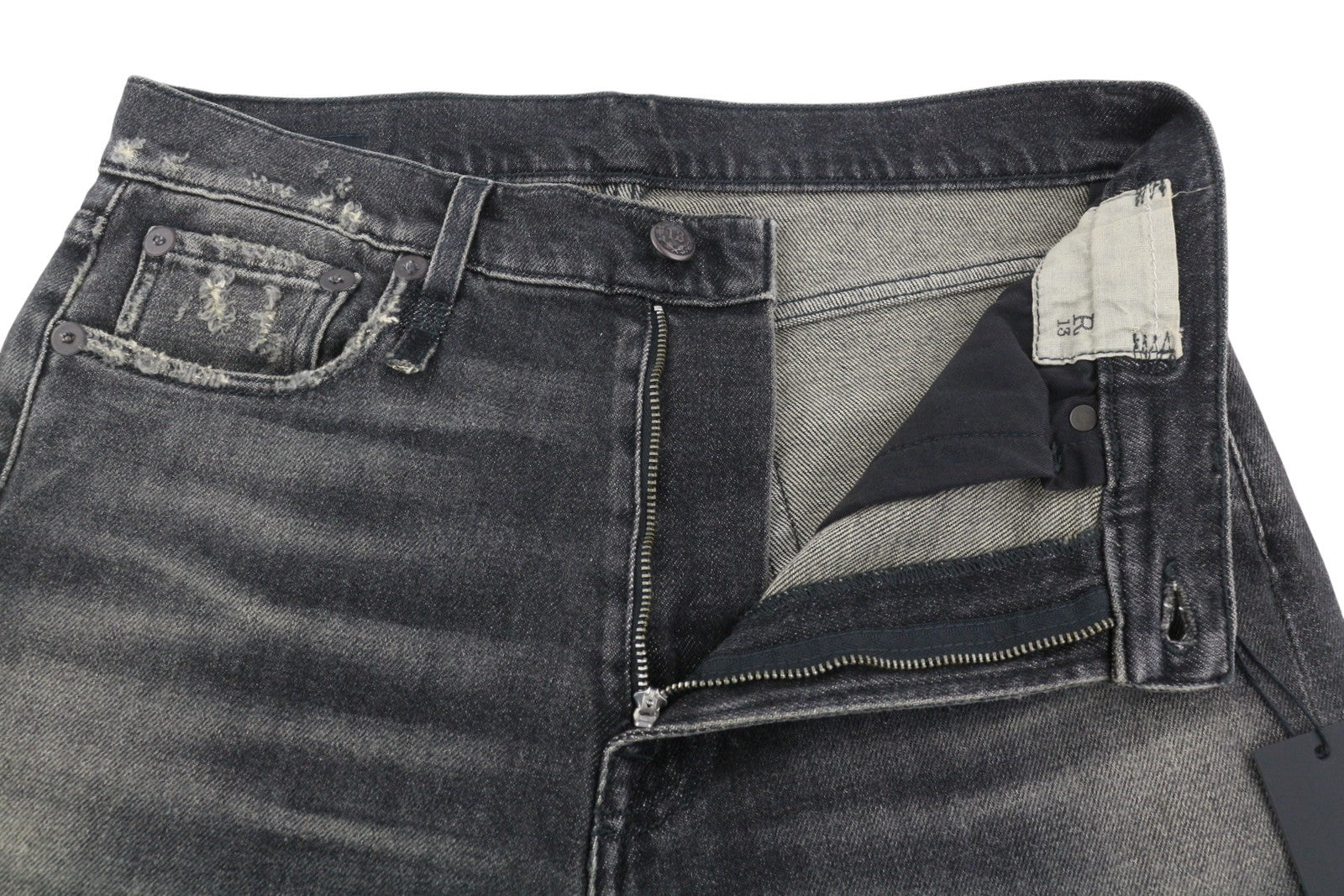 R13 Boyfriend moteriški džinsai, 28 dydžio, Abbey Black, išblukusios, plėšytos, tiesaus kirpimo, FW25 