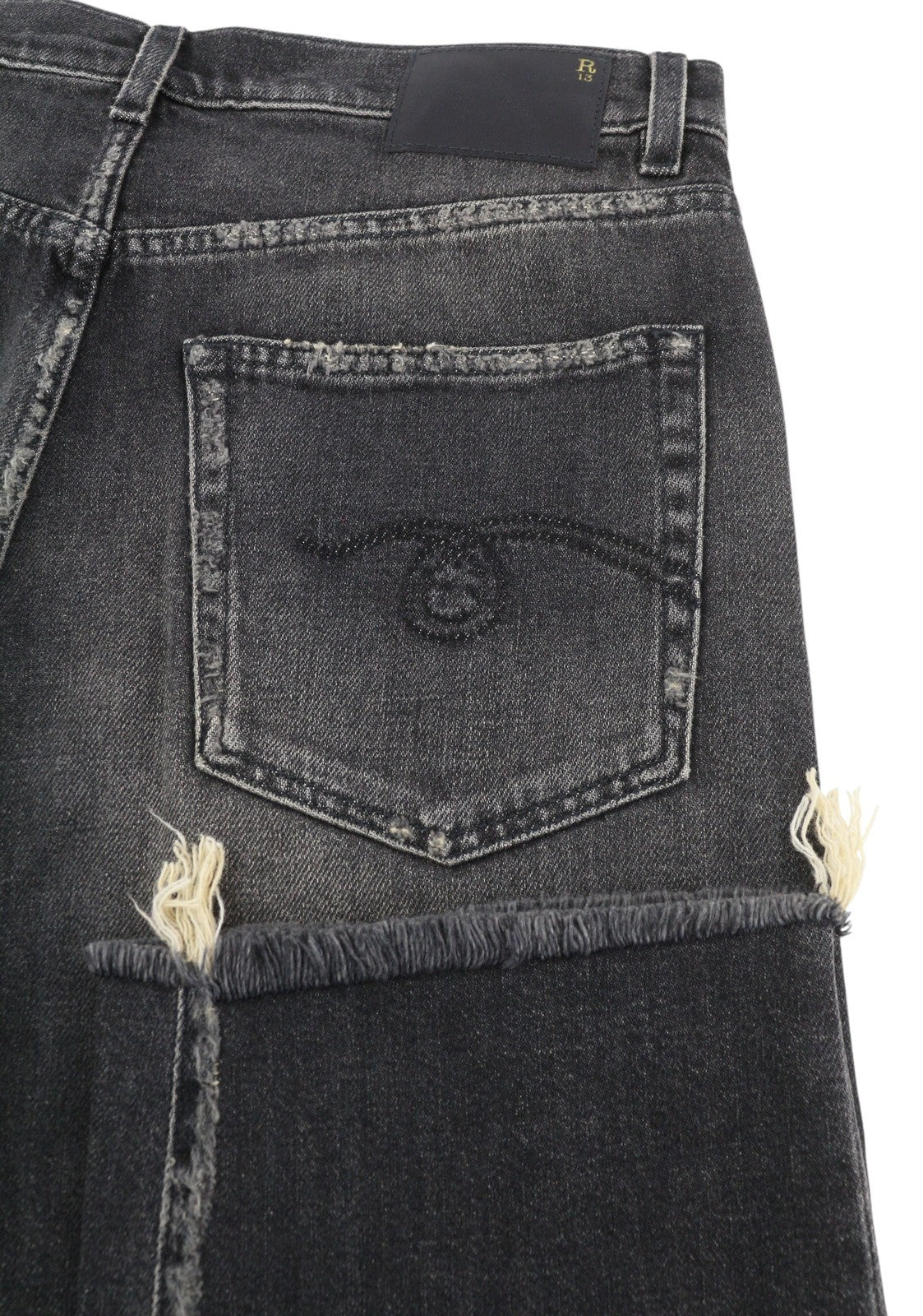 R13 Boyfriend moteriški džinsai, 28 dydžio, Abbey Black, išblukusios, plėšytos, tiesaus kirpimo, FW25 