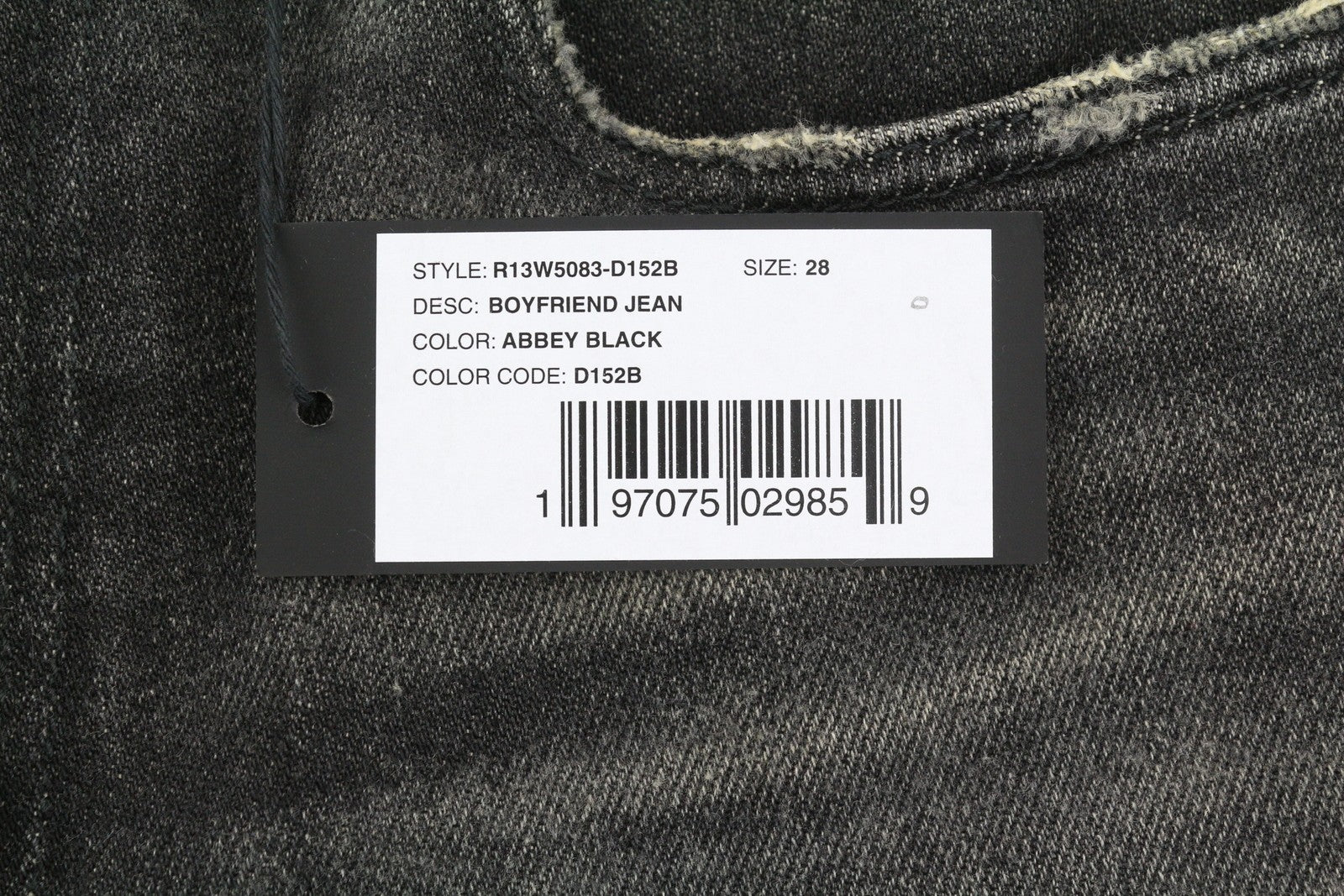 R13 Boyfriend moteriški džinsai, 28 dydžio, Abbey Black, išblukusios, plėšytos, tiesaus kirpimo, FW25 