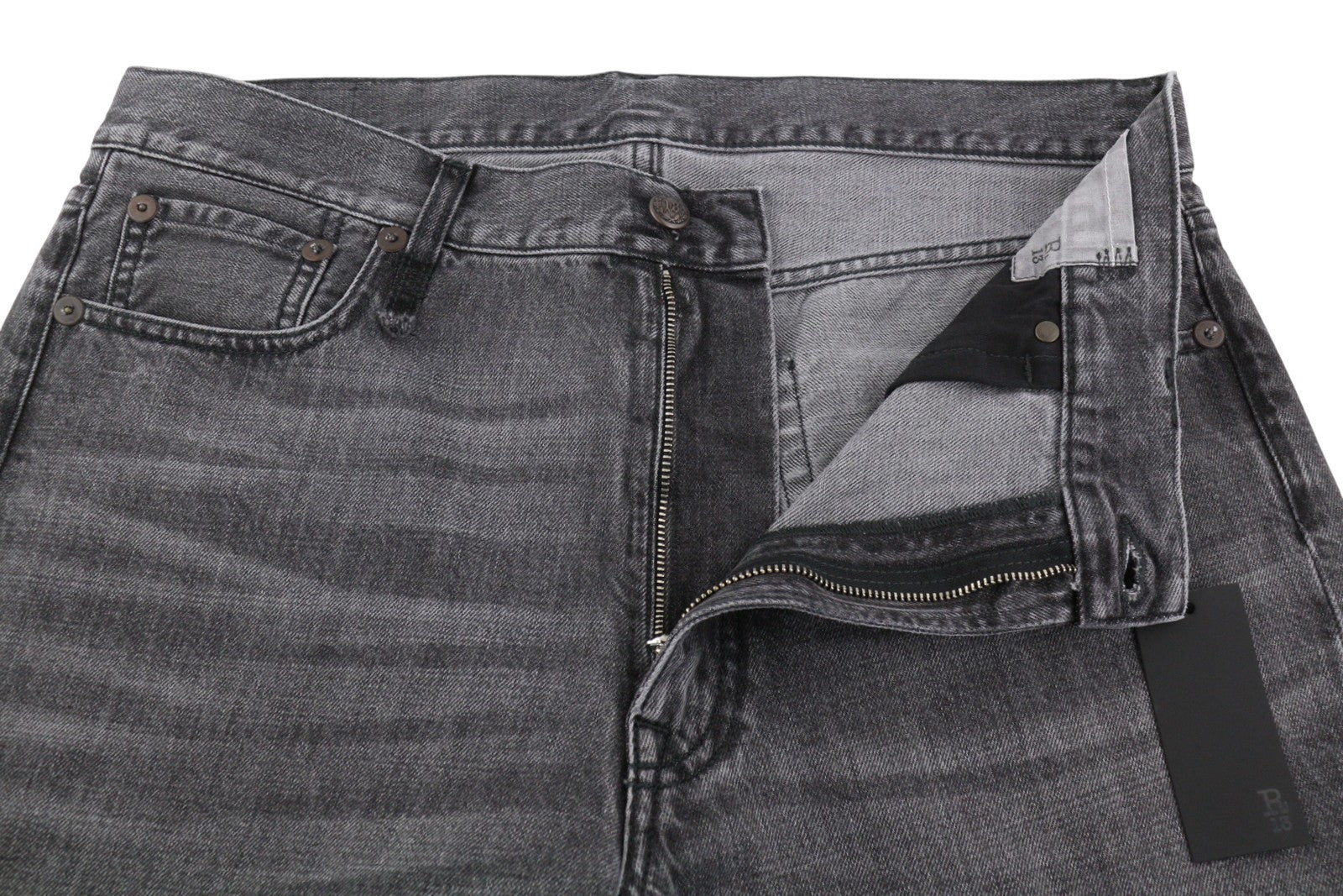 R13 Boyfriend moteriški džinsai 31 Wilson juodi ūsai su išblukusiu džinsu, trumpinti užtrauktuku PS25 