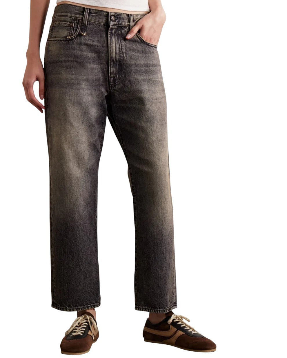 R13 Boyfriend moteriški džinsai, 29 Leyton, juodi, išblukinti, trumpi, tiesaus kirpimo, su užtrauktuku, FW25 