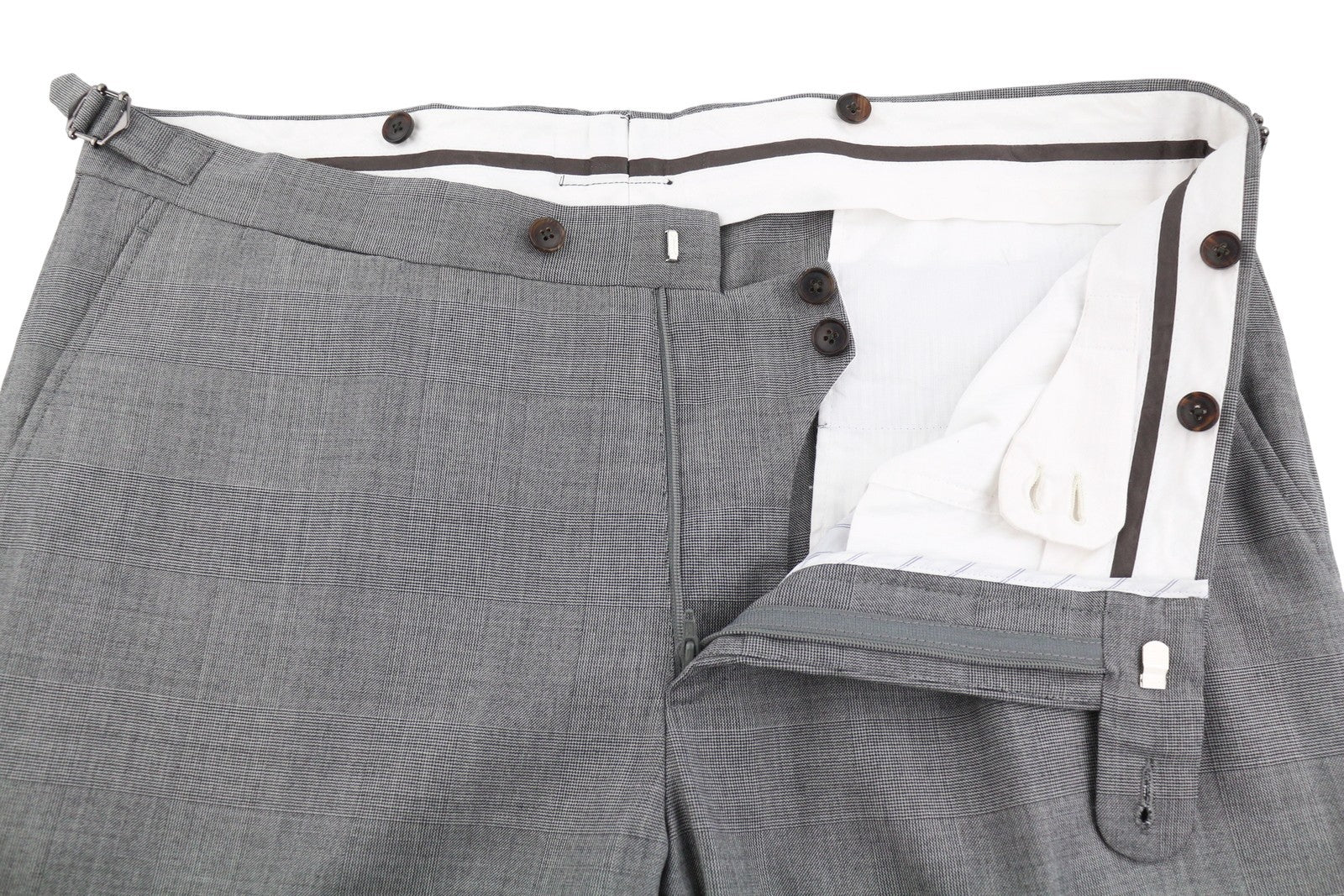 SUITSUPPLY La Spalla SA vyriškos kelnės, UK42L, pilkos, vilnonės, languotos, siaurėjančios, su užtrauktuku. 