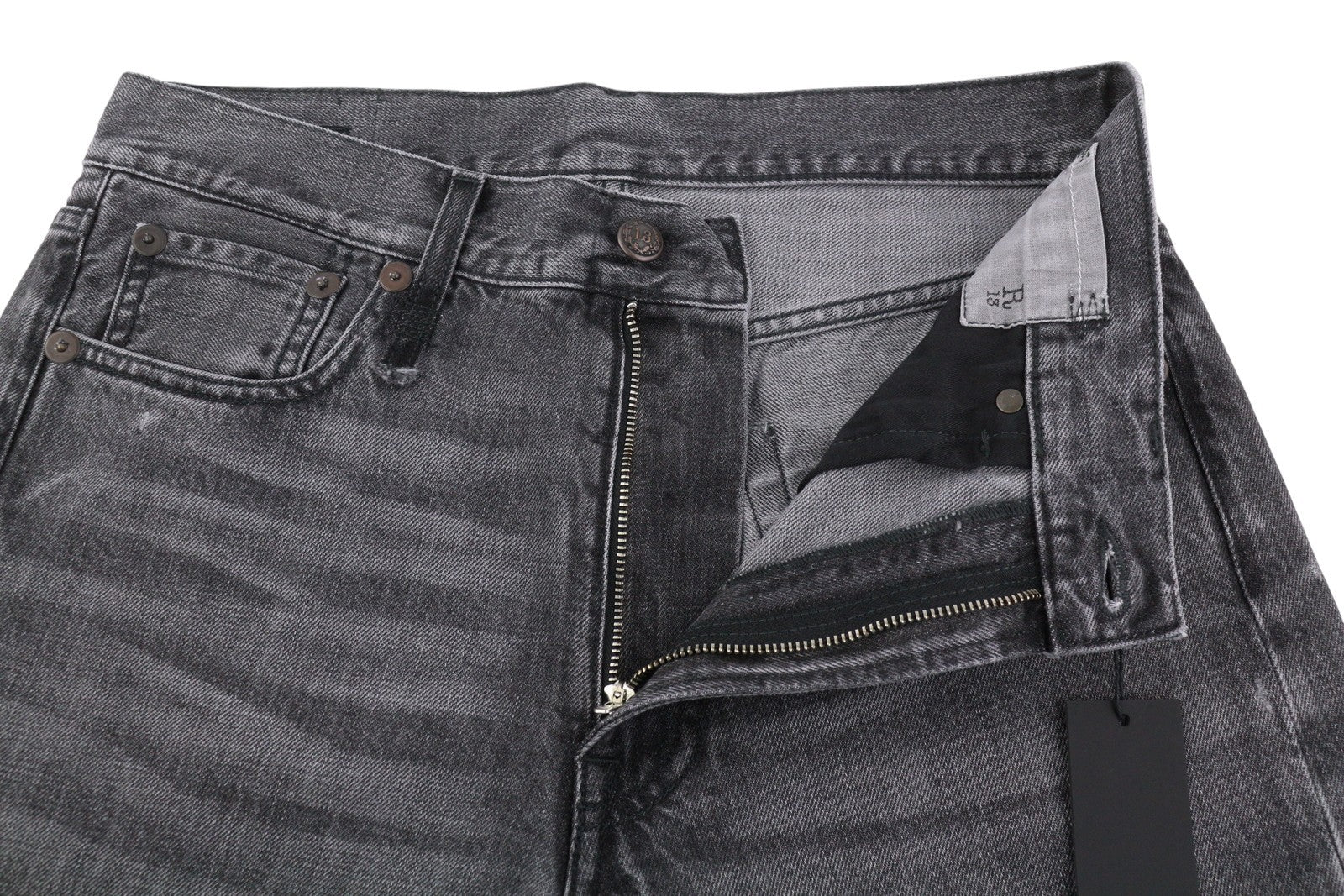 R13 Boyfriend moteriški džinsai 26 Wilson juodi ūsai su išblukusiu džinsu, trumpinti užtrauktuku PS25 