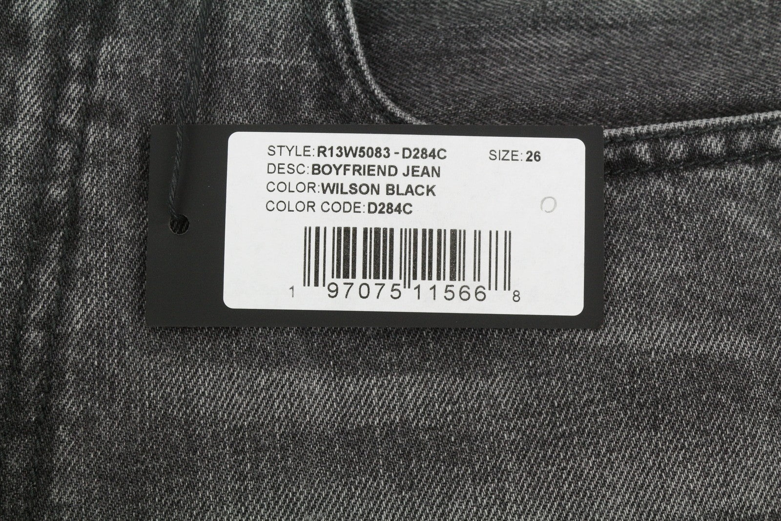 R13 Boyfriend moteriški džinsai 26 Wilson juodi ūsai su išblukusiu džinsu, trumpinti užtrauktuku PS25 