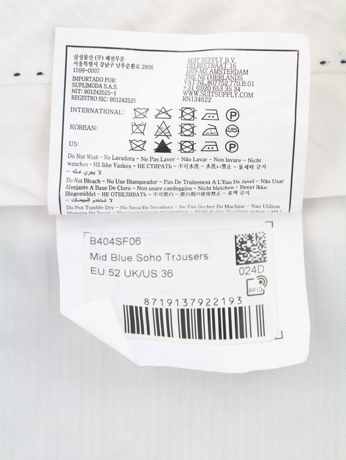 SUITSUPPLY Soho vyriškos kelnės su atlenkiamomis langais, UK32R, mėlynos, grynos vilnos, S120, siaurėjantis kirpimas, užtrauktukas 