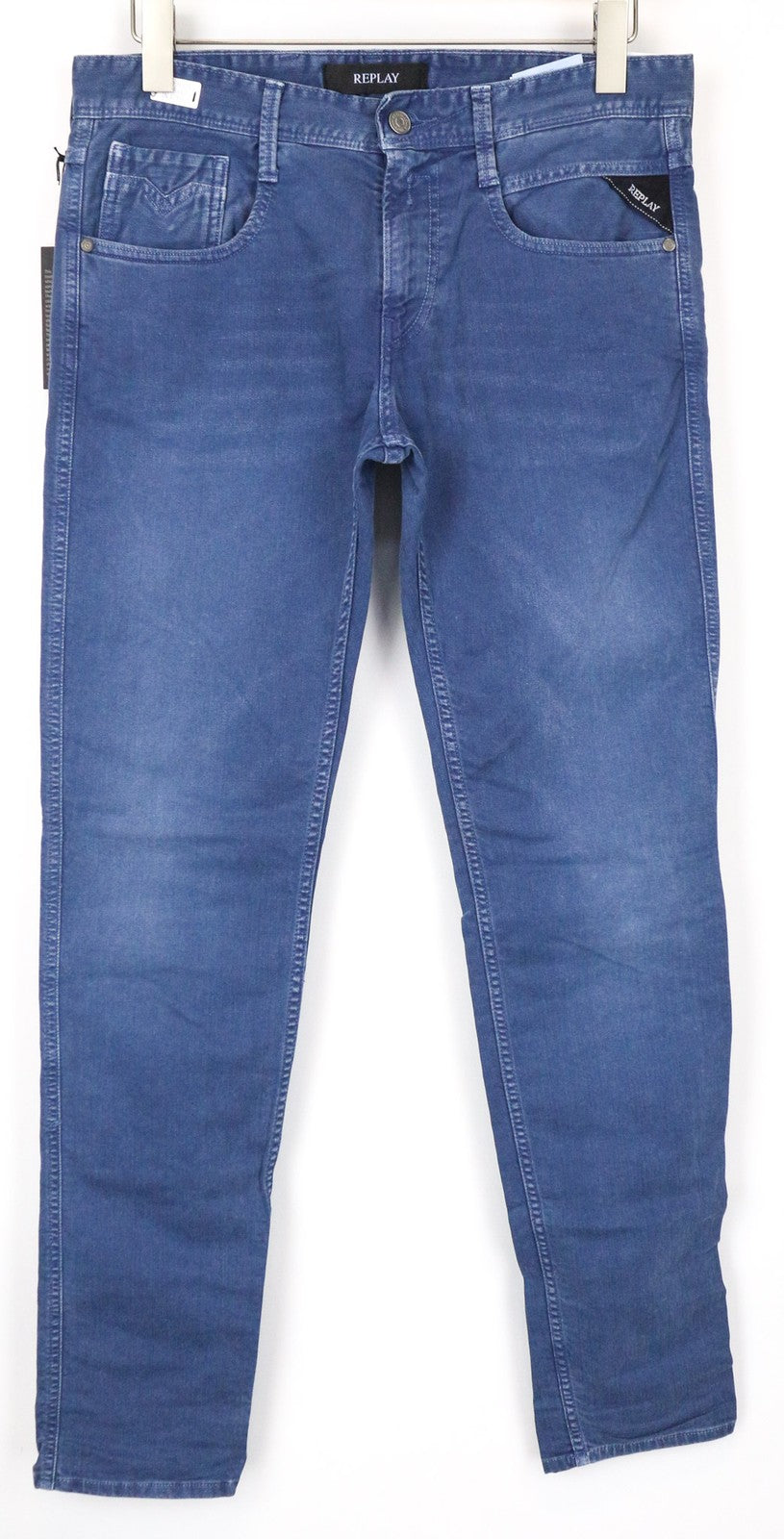 REPLAY Anbass vyriški džinsai W30/L32 Slim mėlyni medvilniniai tamprūs laisvalaikio stiliaus džinsai su 5 kišenėmis