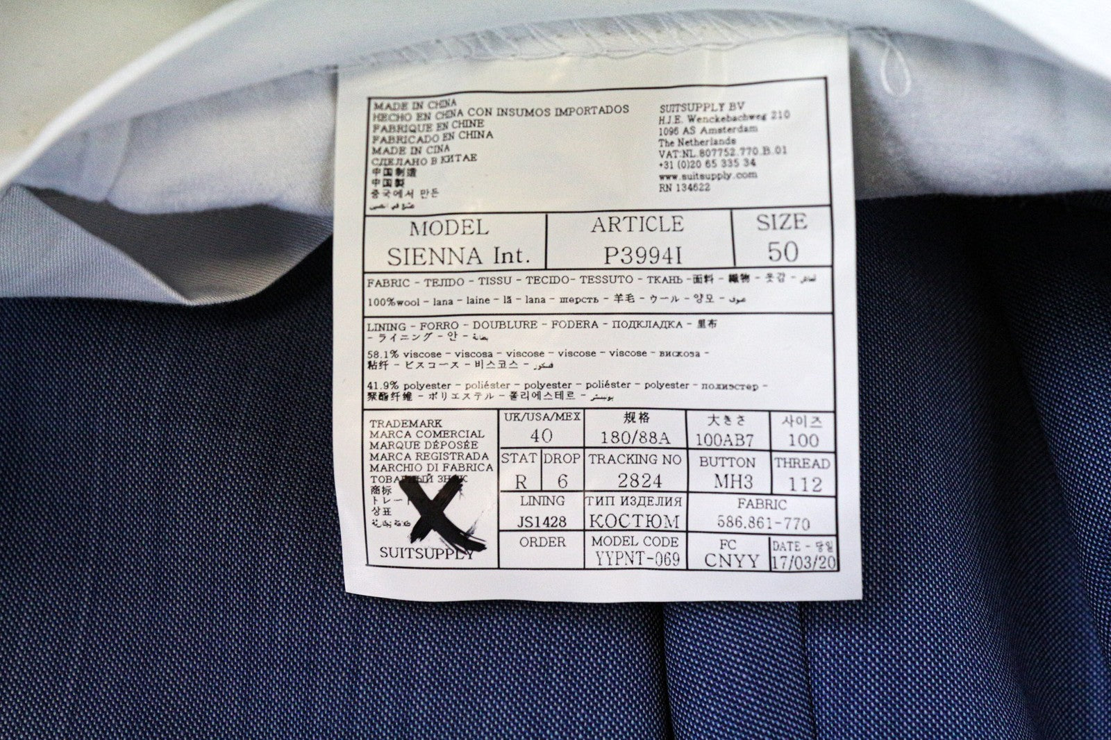 SUITSUPPLY Sienna vyriškos kelnės UK40R mėlyna grynos vilnos klostuota suknelė su pamušalu 