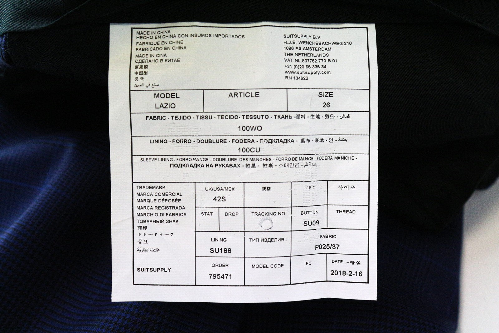 SUITSUPPLY Lazio vyriškos kelnės UK42S mėlynos vilnos languotos klostuotos elegantiškos iškirptės 