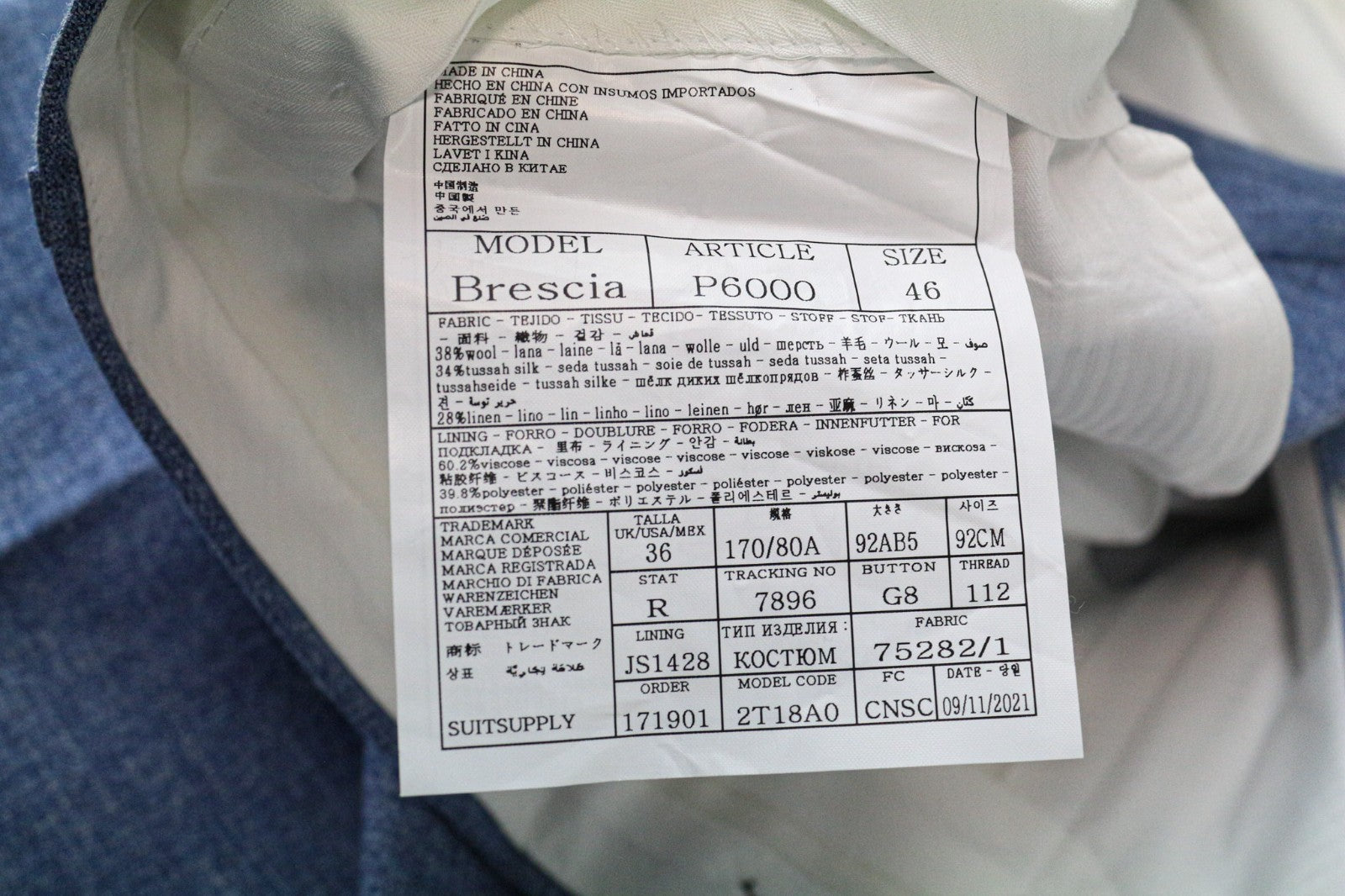 SUITSUPPLY Lazio Men's Suit UK36R Slim Blue Wool Silk Linen Classic 2Pc