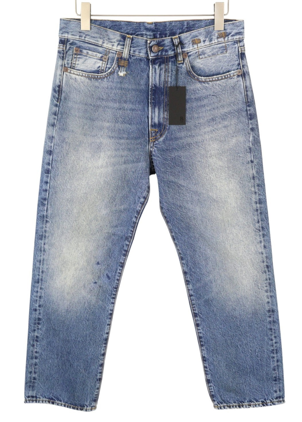 R13 Boyfriend moteriški džinsai 27 Jasper Whiskers išblukęs trumpintas užtrauktukas mėlynas džinsinis PF25 