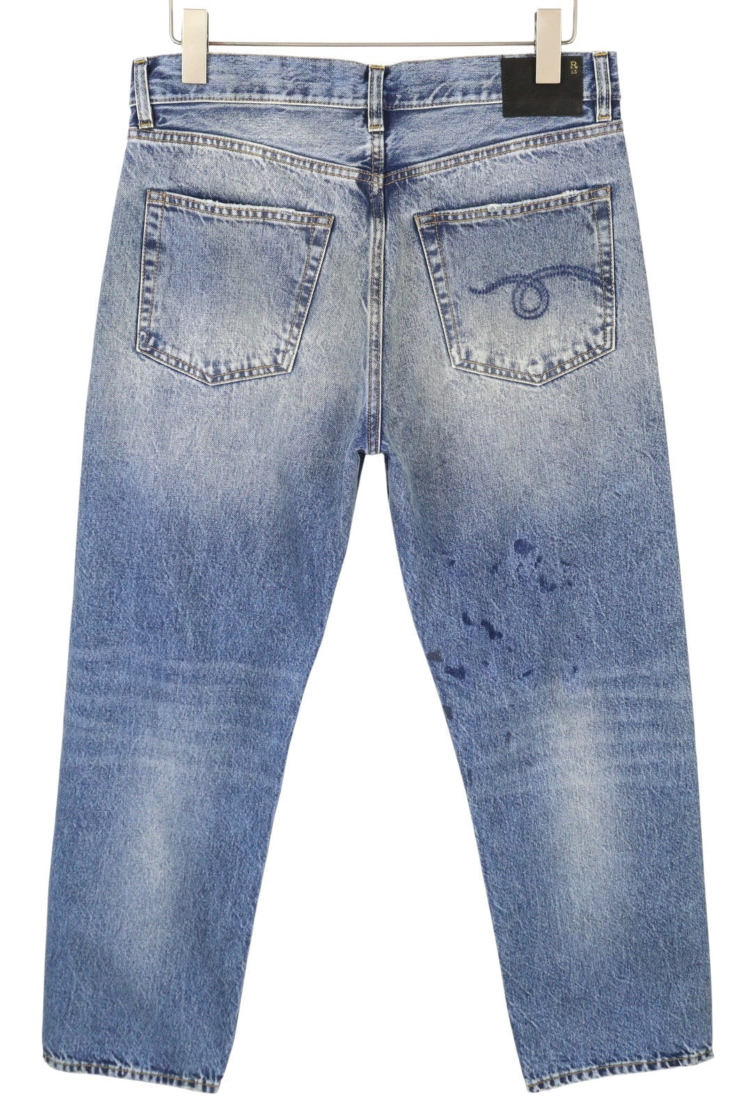 R13 Boyfriend moteriški džinsai 27 Jasper Whiskers išblukęs trumpintas užtrauktukas mėlynas džinsinis PF25 