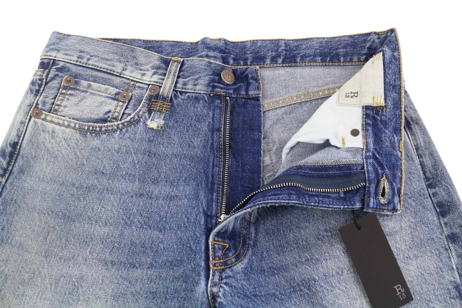 R13 Boyfriend moteriški džinsai 27 Jasper Whiskers išblukęs trumpintas užtrauktukas mėlynas džinsinis PF25 