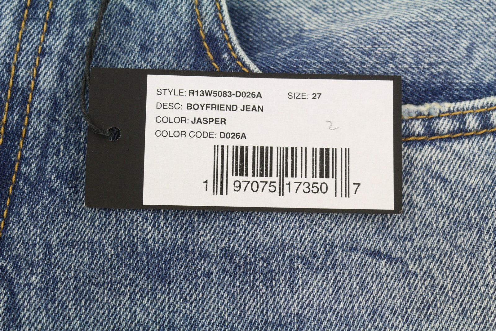 R13 Boyfriend moteriški džinsai 27 Jasper Whiskers išblukęs trumpintas užtrauktukas mėlynas džinsinis PF25 