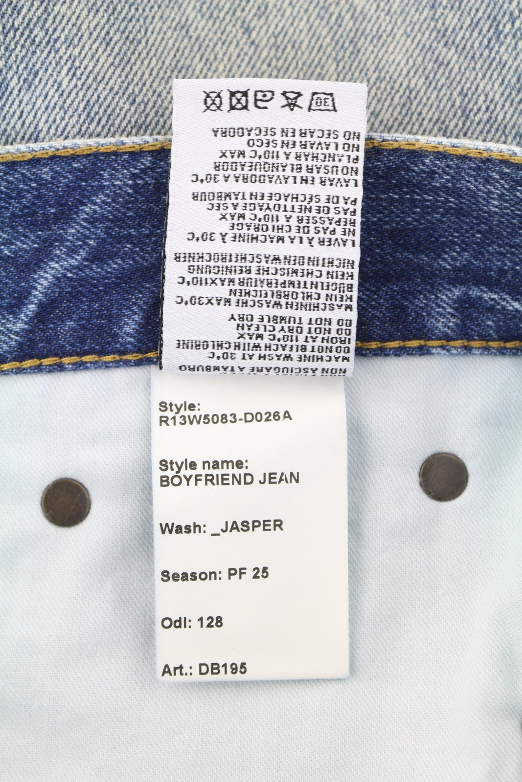 R13 Boyfriend moteriški džinsai 27 Jasper Whiskers išblukęs trumpintas užtrauktukas mėlynas džinsinis PF25 