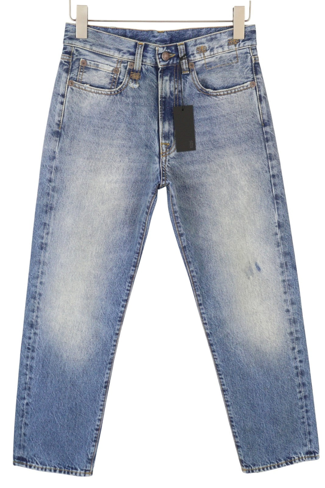 R13 Boyfriend moteriški džinsai 23 Jasper Whiskers išblukęs trumpintas užtrauktukas mėlynas džinsinis PF25 