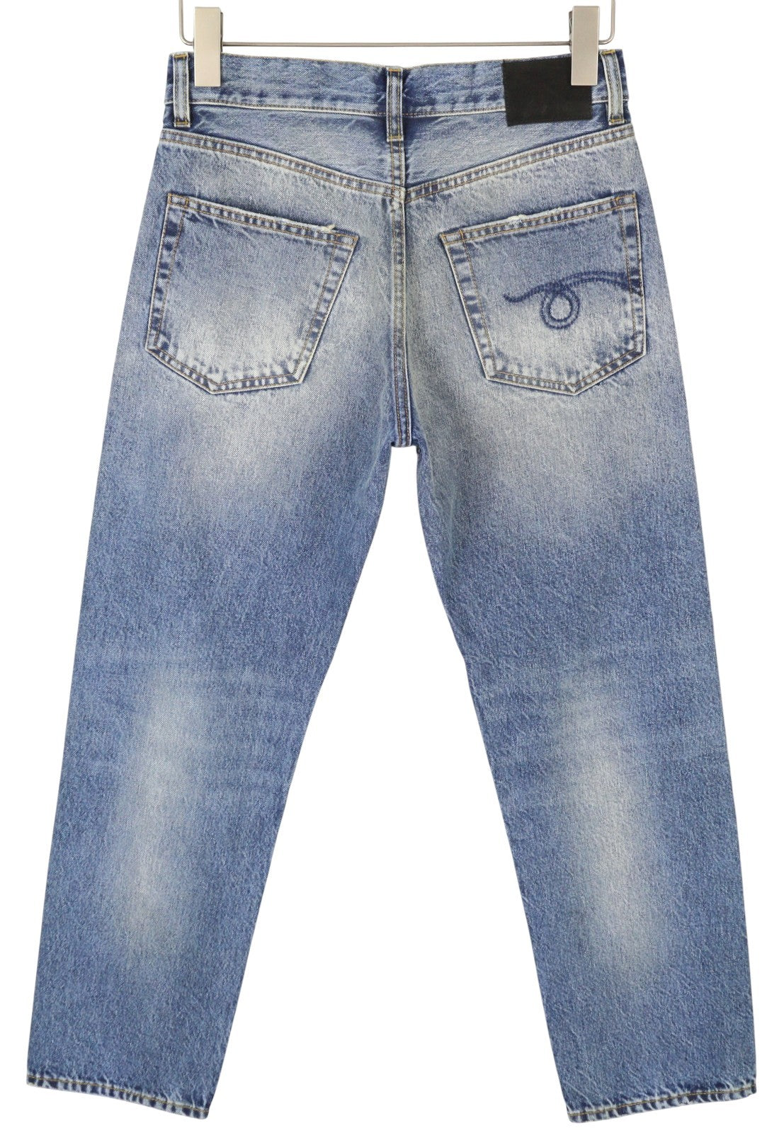 R13 Boyfriend moteriški džinsai 23 Jasper Whiskers išblukęs trumpintas užtrauktukas mėlynas džinsinis PF25 