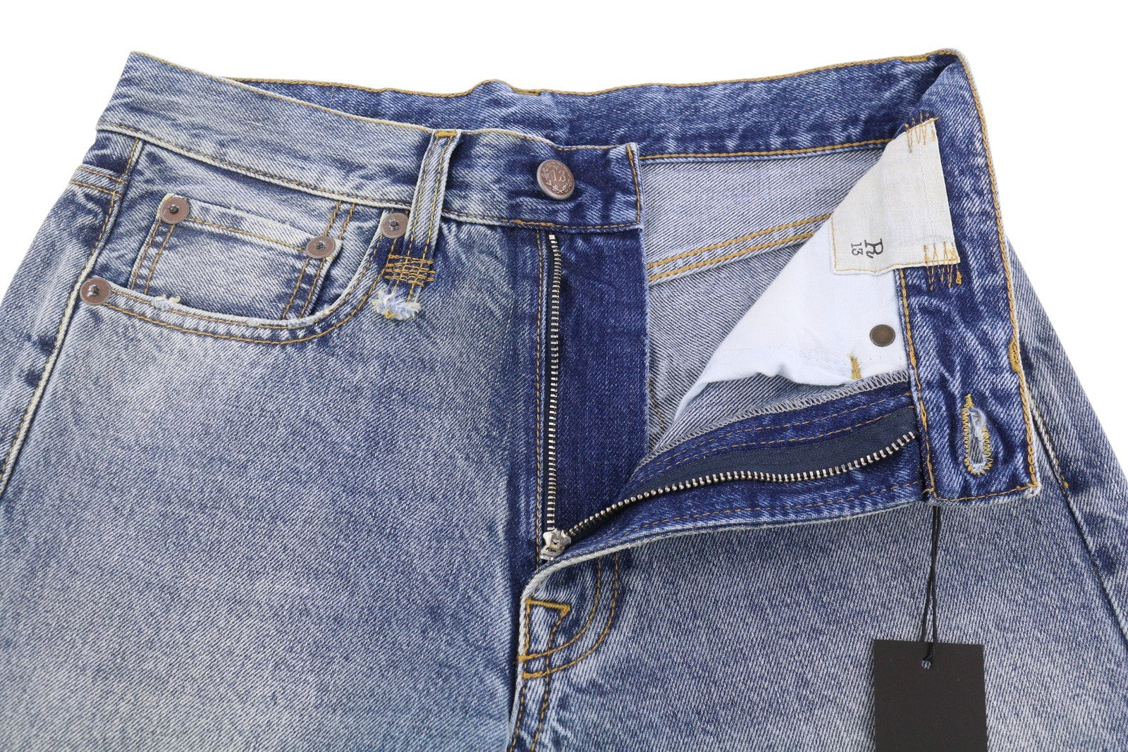 R13 Boyfriend moteriški džinsai 23 Jasper Whiskers išblukęs trumpintas užtrauktukas mėlynas džinsinis PF25 